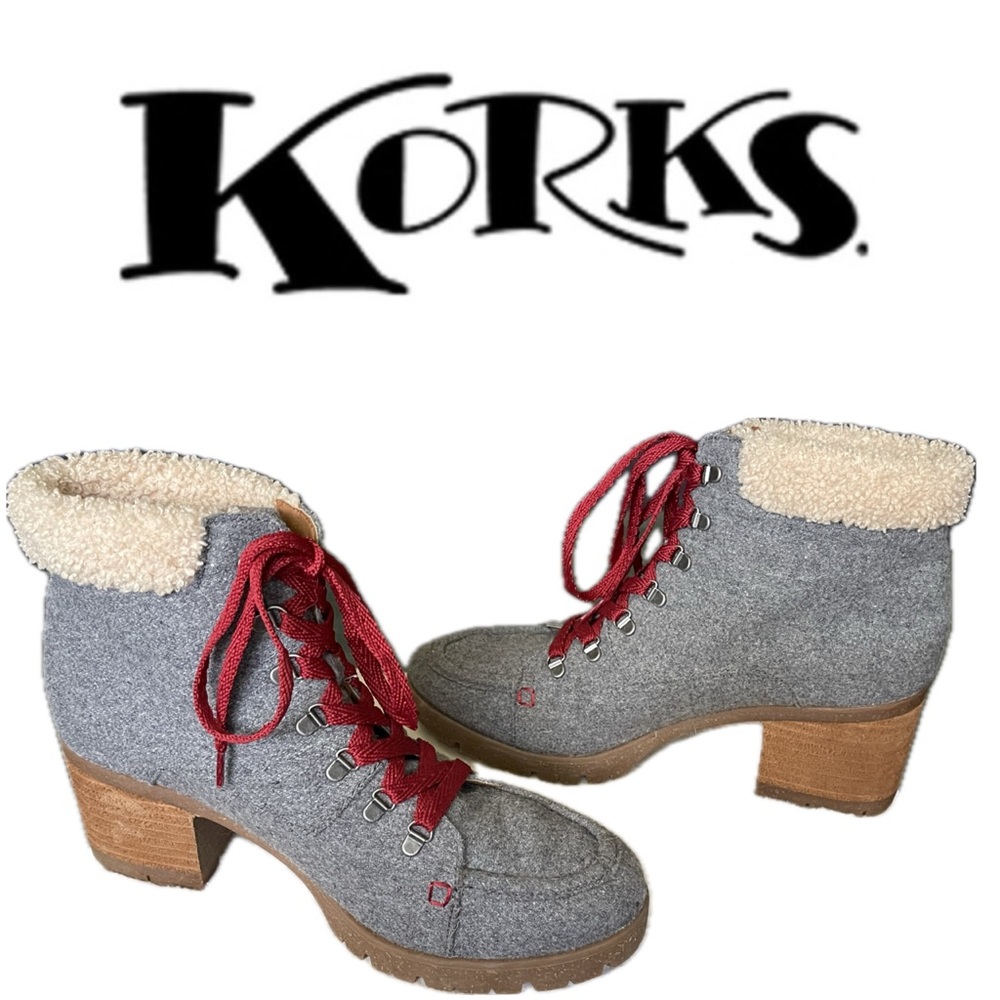 Korks Evie Red Lace-up Grey Gray Sherpa lined Boots Booties Sz 10